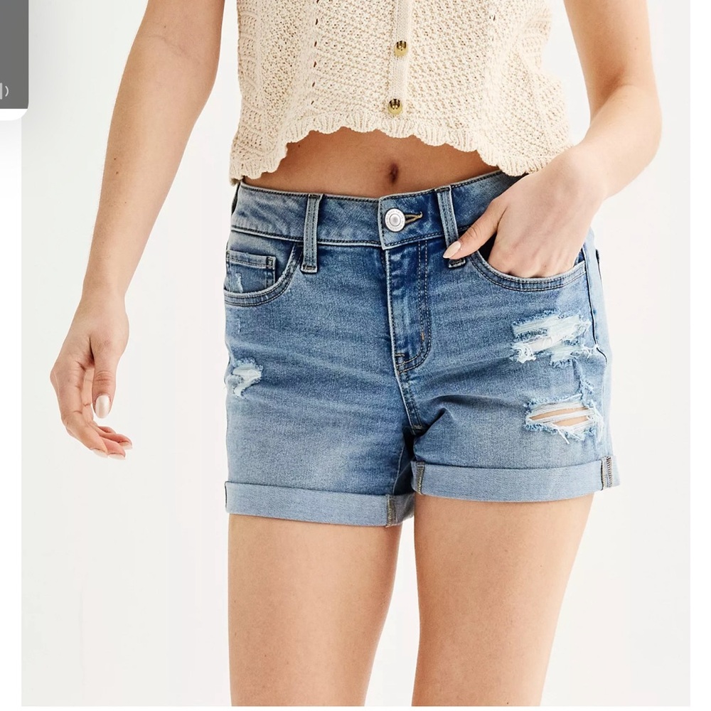 SO Distressed Rolled Hem Midi Jean Shorts - 1